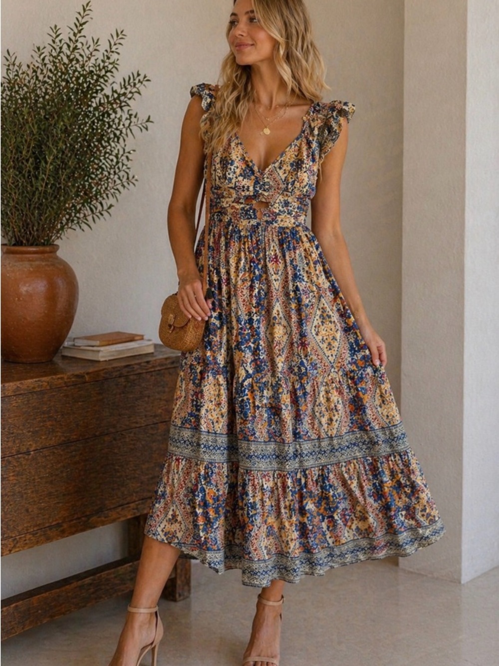Caroline Constas Boho Floral Maxi Dress M | Tiered Ruffle Hem Smocked Waist